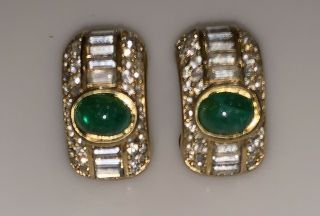 Vtg Signed Christian Dior Emerald Green Crystal Gold Glass Tone Clip Earrings