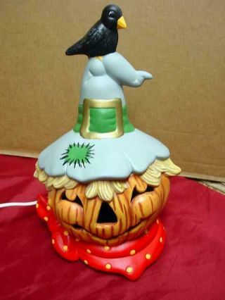 Vintage Halloween Ceramic Light Up : Pumpkin Scarecrow With Crow On Witch 