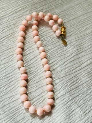 Vintage Les Bernard Marked Hand Knotted Angel Skin Coral Round Bead Necklace –