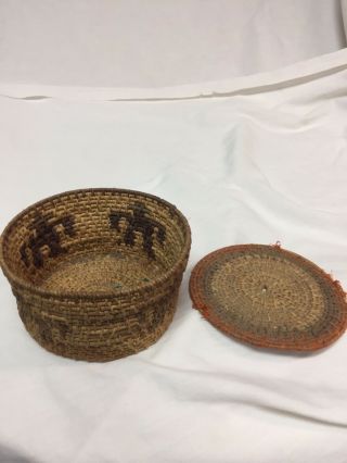 Vintage Woven Antique Native American 4x2” Handmade Small Indian Basket With Lid