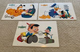 3 Vintage Walt Disney Productions Plastic Covered Placemats Mickey Pluto Donald