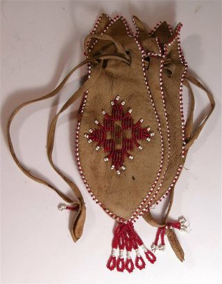 Ca1900 Native American Apache Indian Bead Decorated Hide Medicine Bag / Pouch