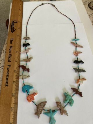Vintage Carved Zuni Animal Fetish Necklace Turquoise Spirit Bear Armadillo Eagle