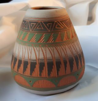 Vintage Native American Navajo Etched Pottery Vase.  Signed Lewison B.  Ethnic Odv