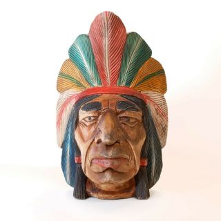 Hand Carved Solid Wood Indian Head - Native American Head - 13 " High