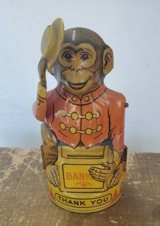 J.  Chein & Co.  Antique Tin Litho Mechanical Tipping Hat Monkey Bank Orig.  1930s
