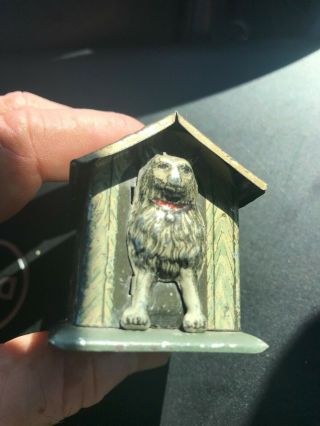 Vintage Antique Tin Lithographed Toy Coin Still Bank Dog House