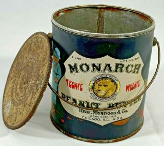 Vintage Monarch Peanut Butter Tin Metal Can With Lid And Handle