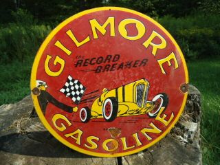 Old Vintage 1939 Gilmore Record Breaker Gasoline Porcelain Enamel Gas Pump Sign