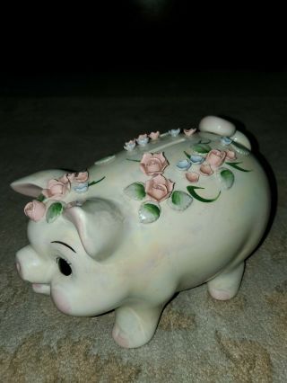 Vintage Iridescent Glazed Ceramic 8.  5 Inch Piggy Bank With 3 D Flowers In.