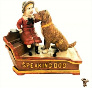1897 Recreation Antique Cast Iron Mechanical Speaking Dog Money Box Bank Mb 04