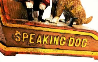 1897 Recreation Antique Cast Iron Mechanical Speaking Dog Money Box Bank MB 04 3