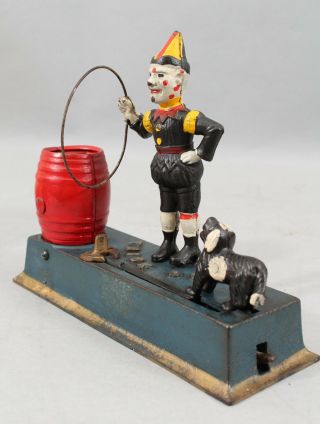 Antique 1920s Cast Iron Hubley Trick Dog & Clown Mechanical Bank,  Nr