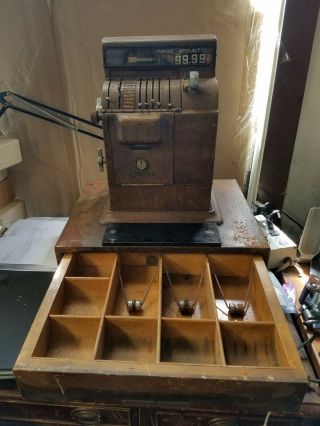 Antique Vintage Ohmer Electric Cash Register W/ Wooden Cash Drawer Fare Co.  Oh