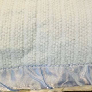 Vintage Acrylic Blanket king baby Blue Waffle Weave Ribbon Trim USA 100” x 89” 3