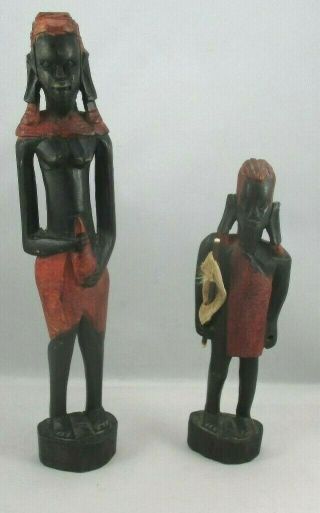 Two Hand Carved African Folk Art Ebony Wood Figures Woman & Masai Warrior Keyna