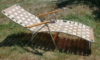 Vintage Folding Aluminum Webbed Chaise Lounge Lawn Chair Brown Tan Wood Arms