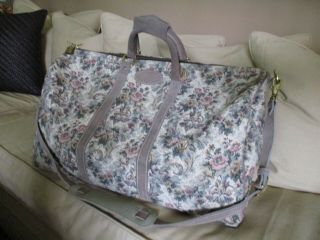French Luggage Co Gray Rose Vintage Floral Tapestry Leather Duffle Bag 21 13 10