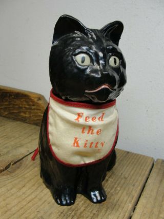 Vintage Plastic Feed The Kitty Cat With Bib Coin Saving Bank