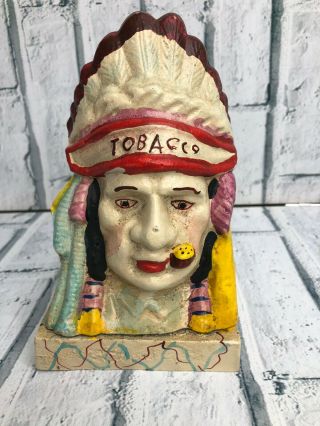 Vintage Painted Cast Iron Native American Indian Coin Bank Marked Tobacco