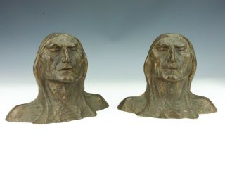 Antique Native American Indian Formed Bronze Bookends - Unusual