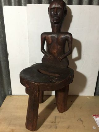 African Chair Tanzanian Carved Wood Stool Throne 1940s Nyamwesi 3 Leg Luguru 29 "