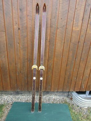 Vintage Hickory Wooden 74 " Skis With Dark Brown Wood Finish