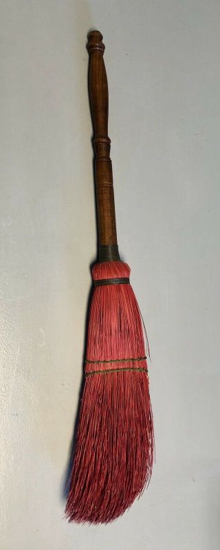 Vintage 28 Inch Hearth Red Broom With Straw Bristles And A Sturdy Wooden Handle