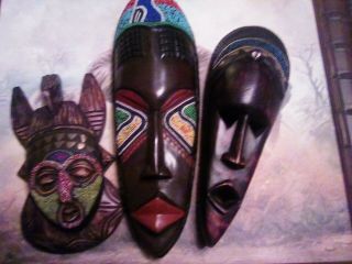 3 - Vintage African Wood Mask Ghana Hand Carved Beaded W/brass Tribal