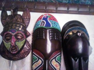 3 - Vintage African Wood Mask Ghana Hand Carved Beaded w/Brass Tribal 2