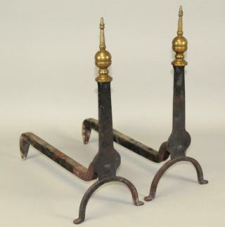 Great 18th C Wrought Iron Knife Blade Type Andirons With Brass Finials