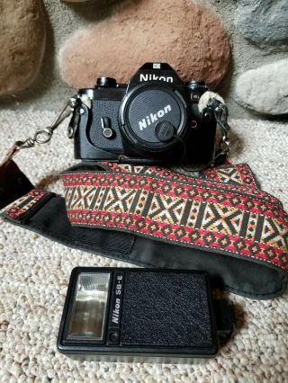 Vintage Nikon Em 35mm Film Camera Body W/50mm 1:1.  8 Lens / Case / Flash & Strap