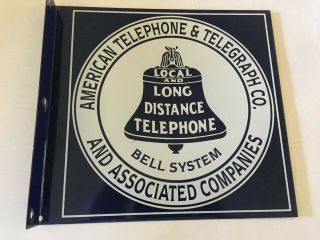 Vintage American Telephone & Telegraph Co.  2 Sided Porcelain Flange Sign