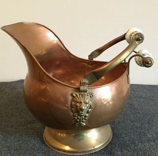 Copper And Brass Scuttle Ash Bucket Lion Head - 2 Delft Ceramic Handles