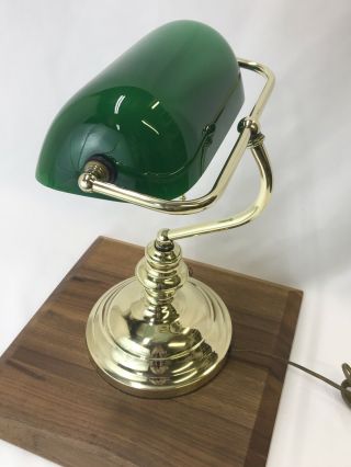 Vtg Art Deco Bankers Desk Lamp Green Cased Glass Shade Brass Mid Century Modern