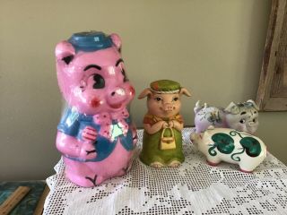 4 Old Piggy Banks,  Empire Porky Pig,  Pearl China,  Lefton China & Unknown