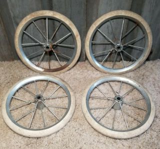 Set 4 Vintage Metal Spoke Wheels Carriage Buggy Soap Box Derby Hard Rubber Tires