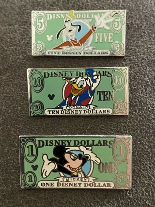 Disney Pin Disney Dollars (set Of 3 Pins) Cast Lanyard Series 3