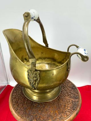 Dutch Copper Brass Ash Bucket Ceramic Handles 12” Lion Head