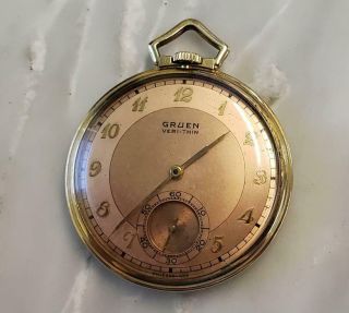 Vintage Gruen Veri Thin Pocket Watch With 10k Gf Open Face Case 15j 4 - E313