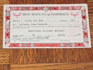 Vtg Bsa Boy Scouts Of America Second Class Scout Certificate 1944 Atlanta,  Ga