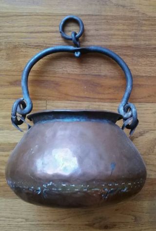 Vtg Hand Forged Hammered Copper Kettle Pot Hearth Stove Heavy Iron Pivot Handle