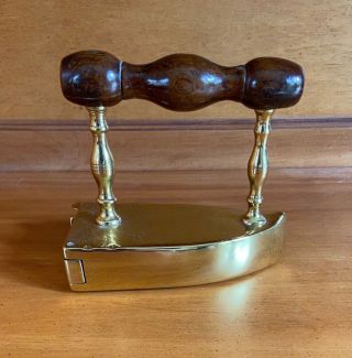 Antique 19th Century Brass Flat Slug Box Iron With Wood Handle -