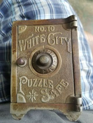 Antique Nichol White City No.  10 Cast Iron Puzzle Safe Bank World 