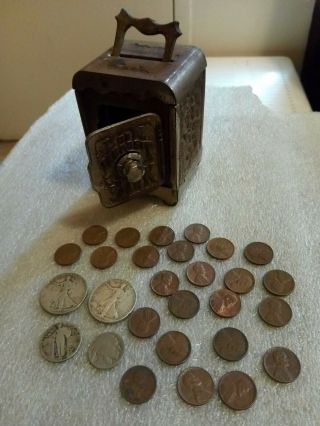 Vintage Cast Iron Toy Bank Coin Deposit Combo Safe Door Top Handle With Contents
