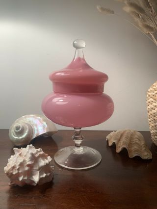 Vtg Empoli Glass Apothecary Jar Dish Circus Tent Lid Pink Cased Mid Century 8.  5