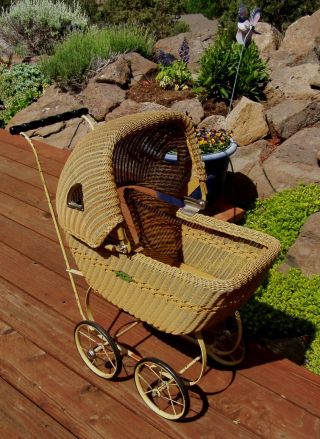 Vtg 30s 40s Heywood Wakefield Rattan Wicker Baby Doll Stroller Carriage 28 " Tall