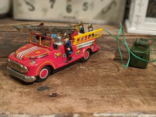 Vintage Japan Atc Tin Fire Engine Truck Toy Battery Operated