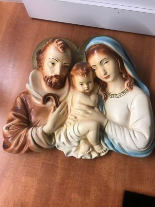 Vtg Virgin Mary,  Joseph & Baby Jesus Chalkware Wall Hanging Catholic 9.  5”x10.  5