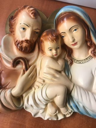 Vtg Virgin Mary,  Joseph & Baby Jesus Chalkware Wall Hanging Catholic 9.  5”x10.  5 2